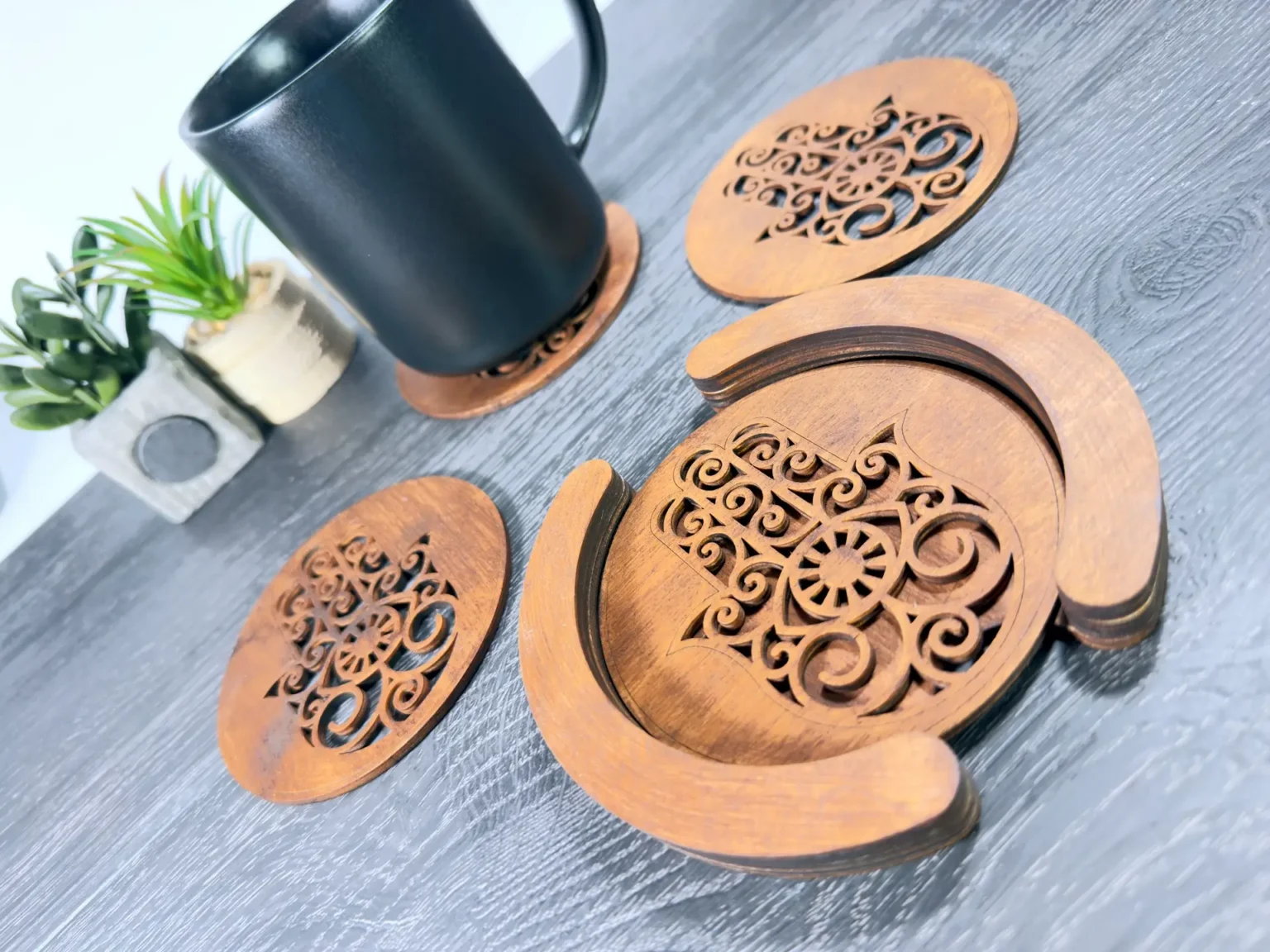 Fatima keze fa poháralátét szett fa tartóval