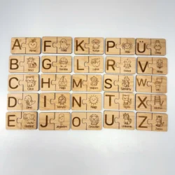 Fa betűtanuló puzzle játék nagybetűkkel és figurákkal