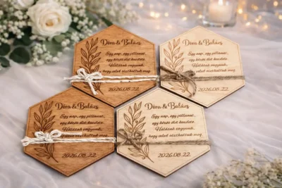 személyre szabható esküvői ajándék vendégeknek gravírozott fa emlék