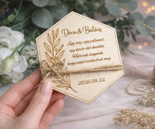 esküvői ajándék vendégeknek gravírozott fa vendégköszöntő