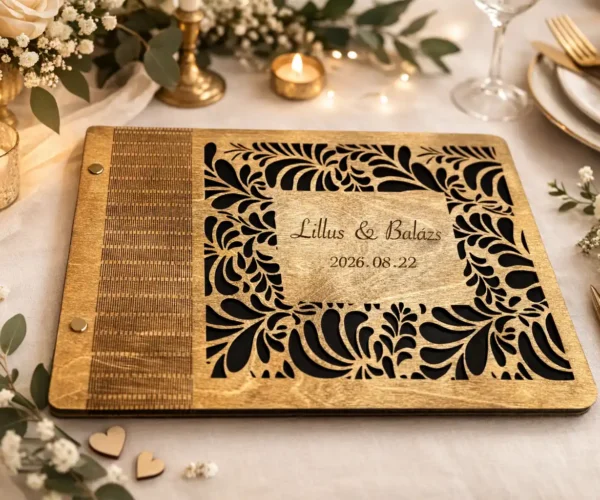 esküvői vendégkönyv fa borítóval gravírozott névvel