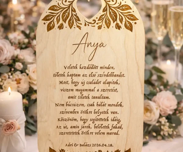 szülőköszöntő tábla esküvőre gravírozott fa köszönet ajándék anyának
