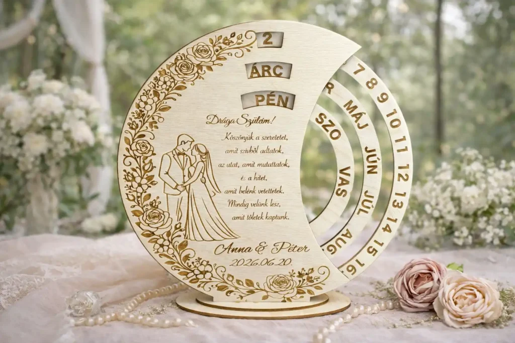 Szülőköszöntő ajándék fa öröknaptár – Hála Körforgása esküvői gravírozott dísz