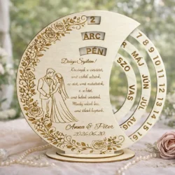 Szülőköszöntő ajándék fa öröknaptár – Hála Körforgása esküvői gravírozott dísz