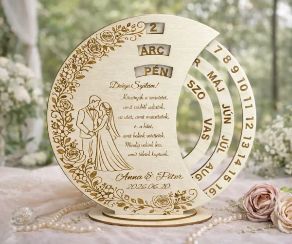 Szülőköszöntő ajándék fa öröknaptár – Hála Körforgása esküvői gravírozott dísz
