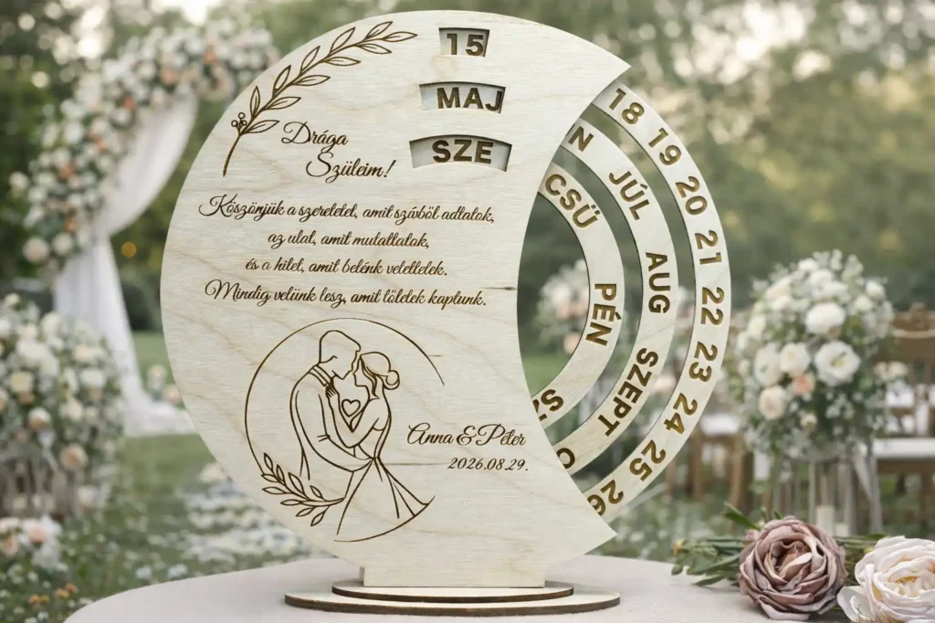 Szülőköszöntő ajándék fa öröknaptár – Örök Ölelés egyedi gravírozott esküvői ajándék szülőknek