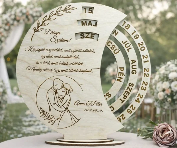 Szülőköszöntő ajándék fa öröknaptár – Örök Ölelés egyedi gravírozott esküvői ajándék szülőknek