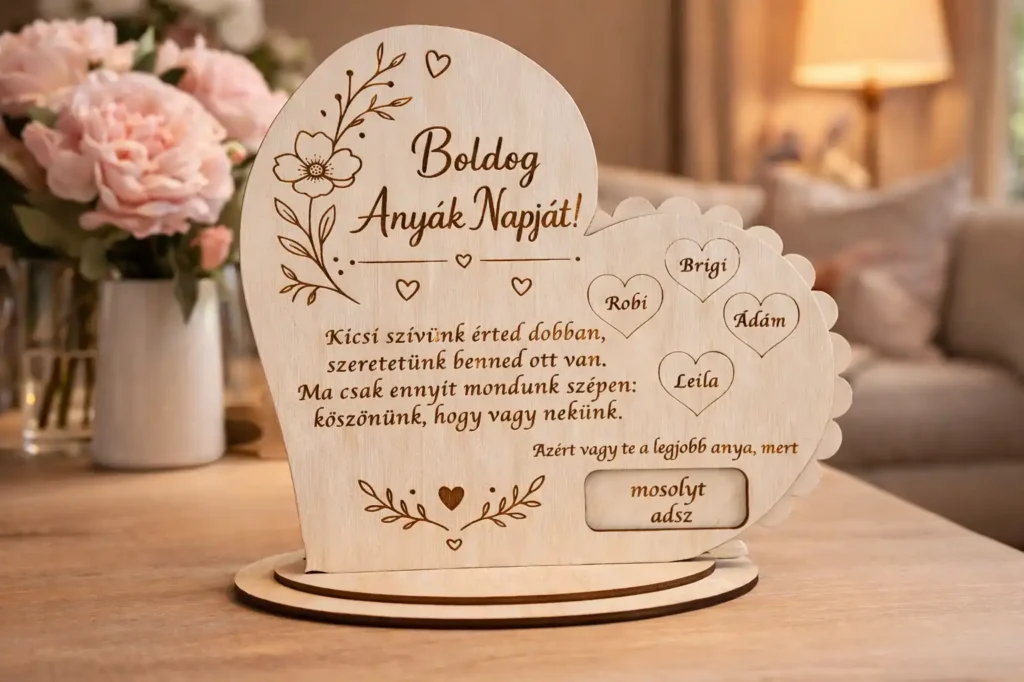 Anyák napi forgatható fa dekoráció személyre szabható nevekkel és üzenetekkel