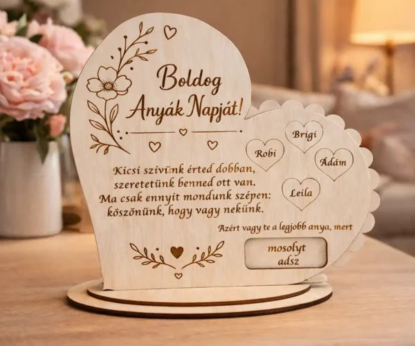 Anyák napi forgatható fa dekoráció személyre szabható nevekkel és üzenetekkel