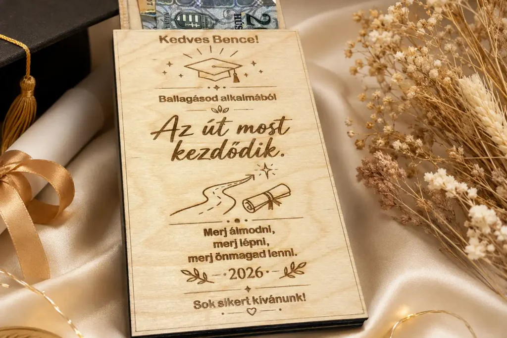 Ballagási pénzátadó doboz választható gravírozott designnal
