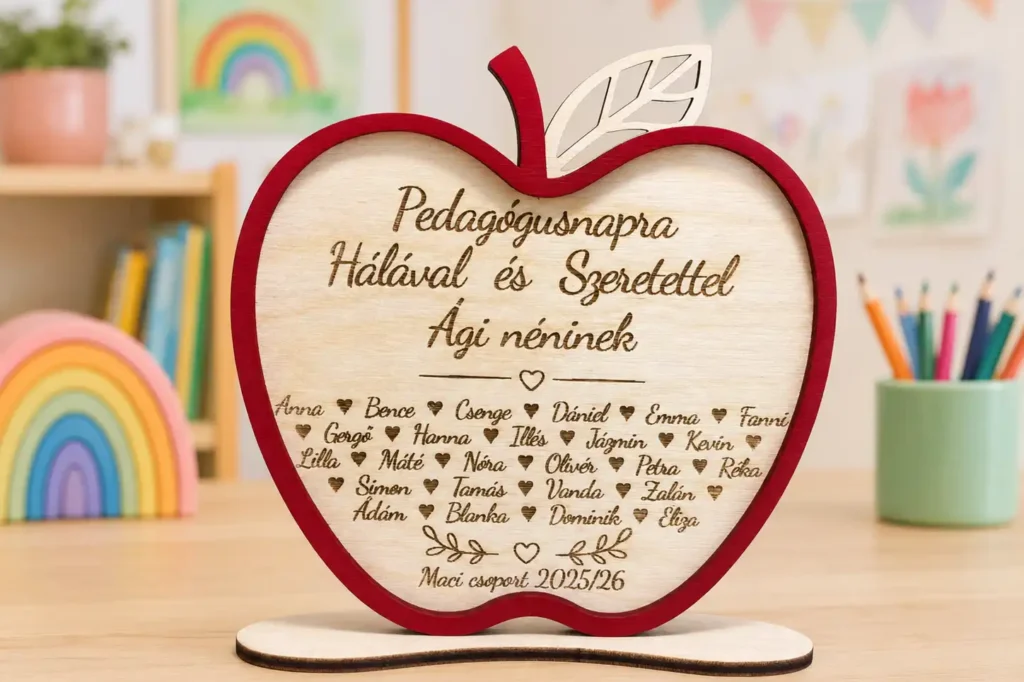 Névre szóló pedagógusnapi fa asztaldísz piros kerettel, gyermeknevekkel és évszámmal