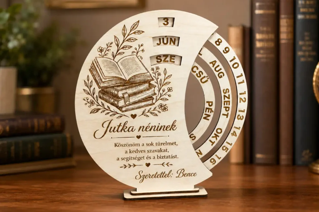 Tanári ajándék öröknaptár gravírozott fa kivitelben, könyves mintával és személyes üzenettel