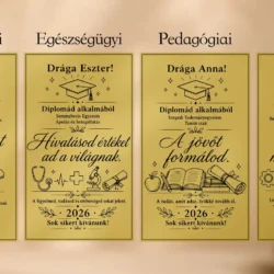 Személyre szabható fa pénzátadó doboz diplomaosztóra, egyedi névvel, szakmegjelöléssel és jókívánsággal.