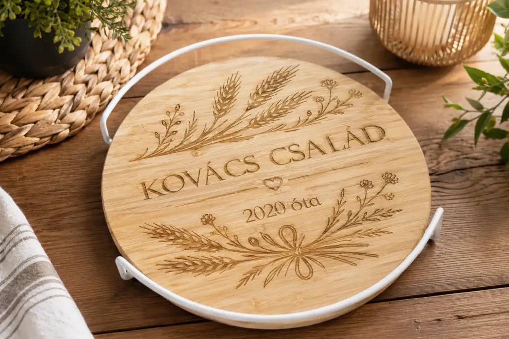 28 cm-es gravírozott forgó tálalótálca családnévvel és virágos mintával