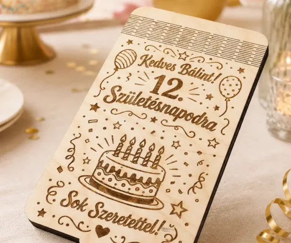 Születésnapi fa pénzátadó egyedi névvel és tortás gravírozással