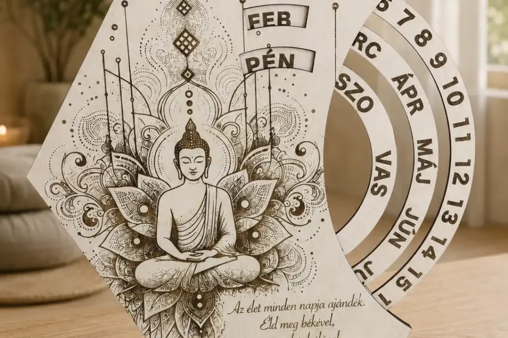 Buddha fa öröknaptár részletgazdag mandala mintával és egyedi idézettel
