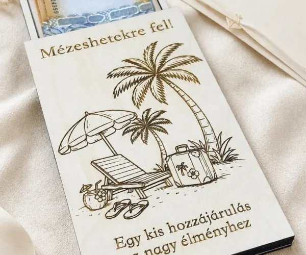 Esküvői pénzátadó doboz nászútra pálmafás gravírozással
