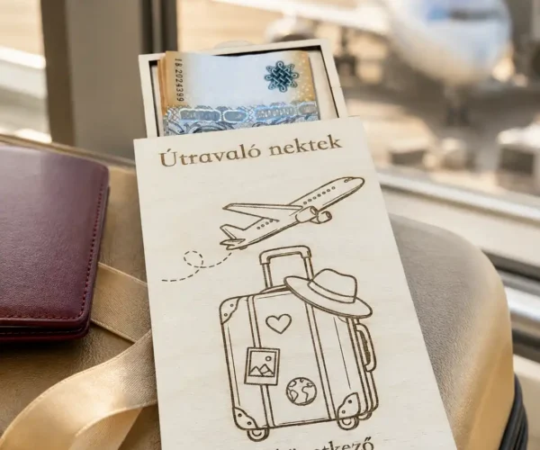 Egyedi esküvői pénzátadó doboz Útravaló Nektek utazós gravírozással