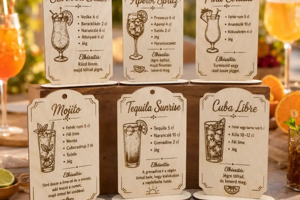 Fa koktél recept tábla szett hat klasszikus koktél gravírozott receptjével