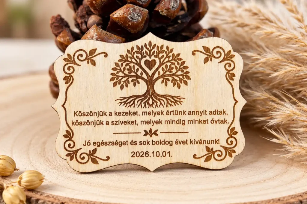 Egyedi fa hűtőmágnes íves díszkerettel, életfa motívummal és köszönőfelirattal