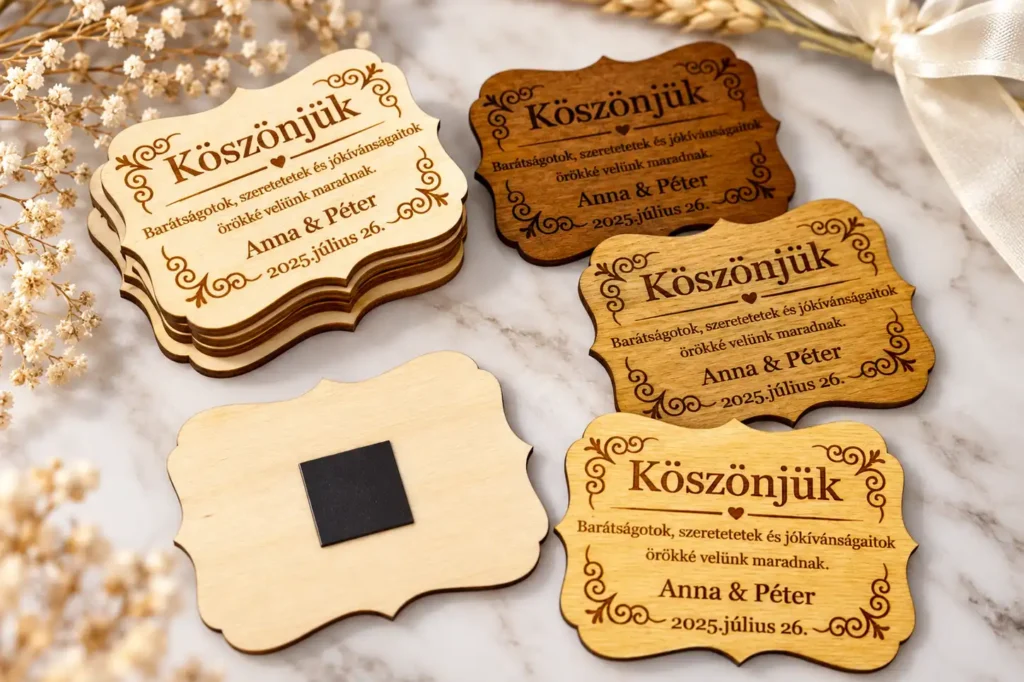 Egyedi fa esküvői hűtőmágnes személyes nevekkel és dátummal gravírozva