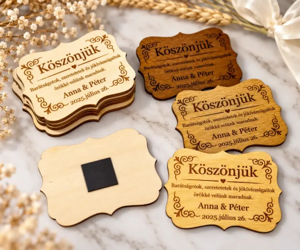 Egyedi fa esküvői hűtőmágnes személyes nevekkel és dátummal gravírozva